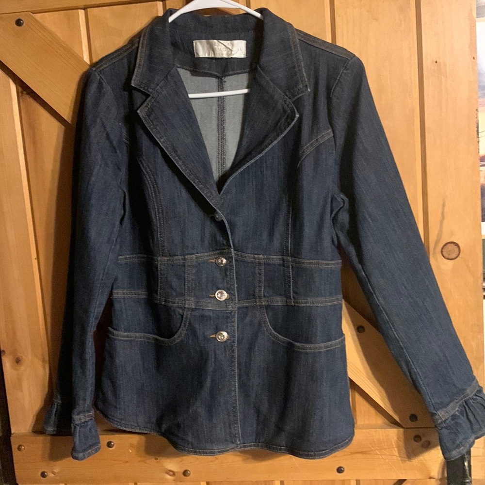 AMERICAN GLAMOUR BADGLEY MISCHKA Denim Blue Jean Jacket Small EC